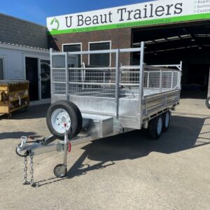 12×7 3 Way Flat top Tandem Hydraulic Tipper Trailer 3500kg ATM 3.5 Ton , Ramps, 600mm cage