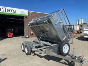 12x7 3 Way Flat top Tandem Hydraulic Tipper Trailer 3500kg ATM 3.5 Ton , Ramps, 600mm cage