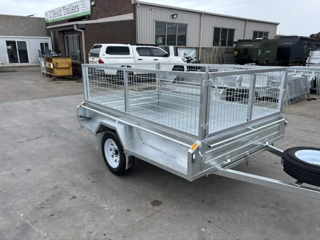 8x5 single axle cage box trailer 750kg ATM front right scaled